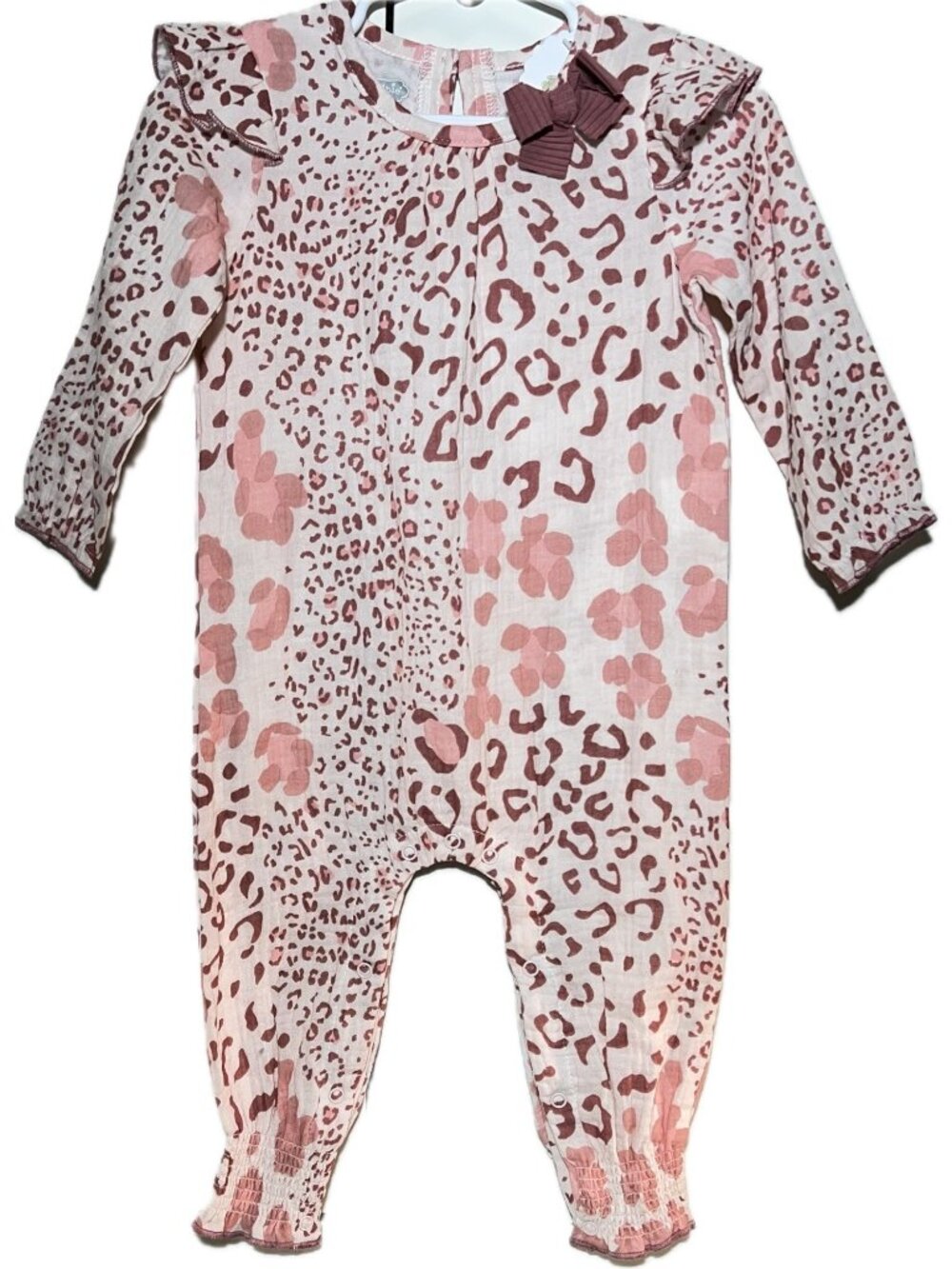 Mud Pie pink mauve leopard romper 1pc bodysuit 12m 18m NWT cotton gauze ruffles